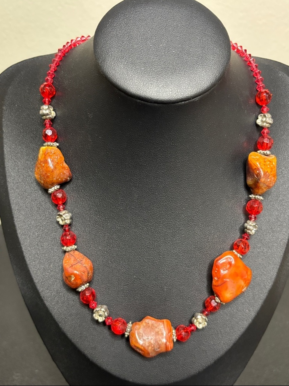 Vintage Carnelian Orange Red Beaded Silver Tone Necklace